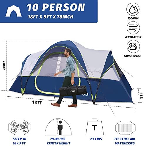 10 Person Family Camping Tent with Rainfly