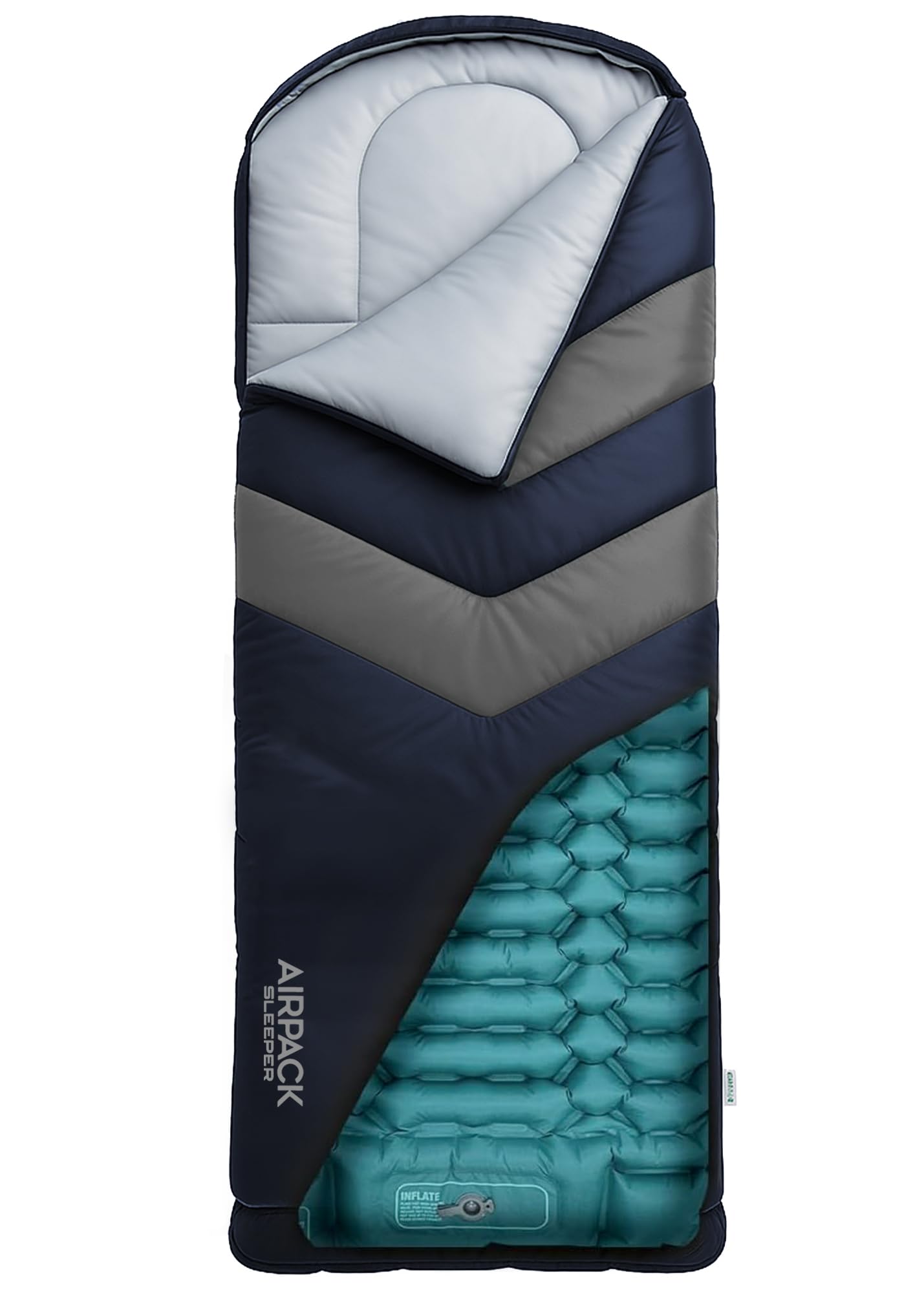 RANGLAND Sleeping Bag with Built-in Pad (AirPack Sleeper) - All-in-One Inflatable Sleeping Pad and Zip-Up Blanket for Camping with Built-in Foot Pump
