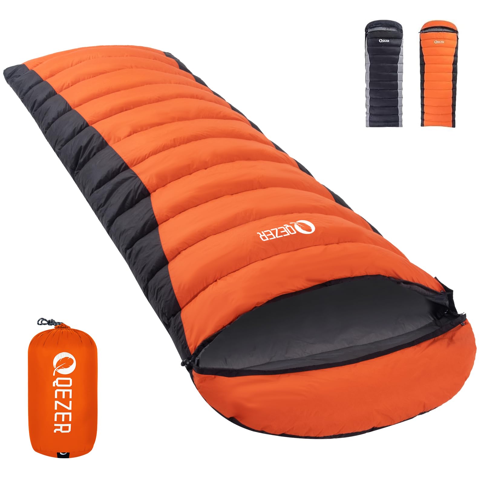 QEZER Down Sleeping Bag for Adults 600 Fill Power, Cold Weather Compact Ultralight All Seasons Sleeping Bag for Backpacking, Camping, Hiking