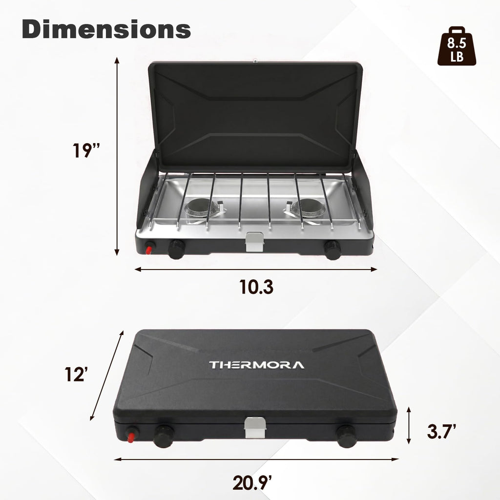 Portable 2 Burner Propane Camping Stove with Windscreen