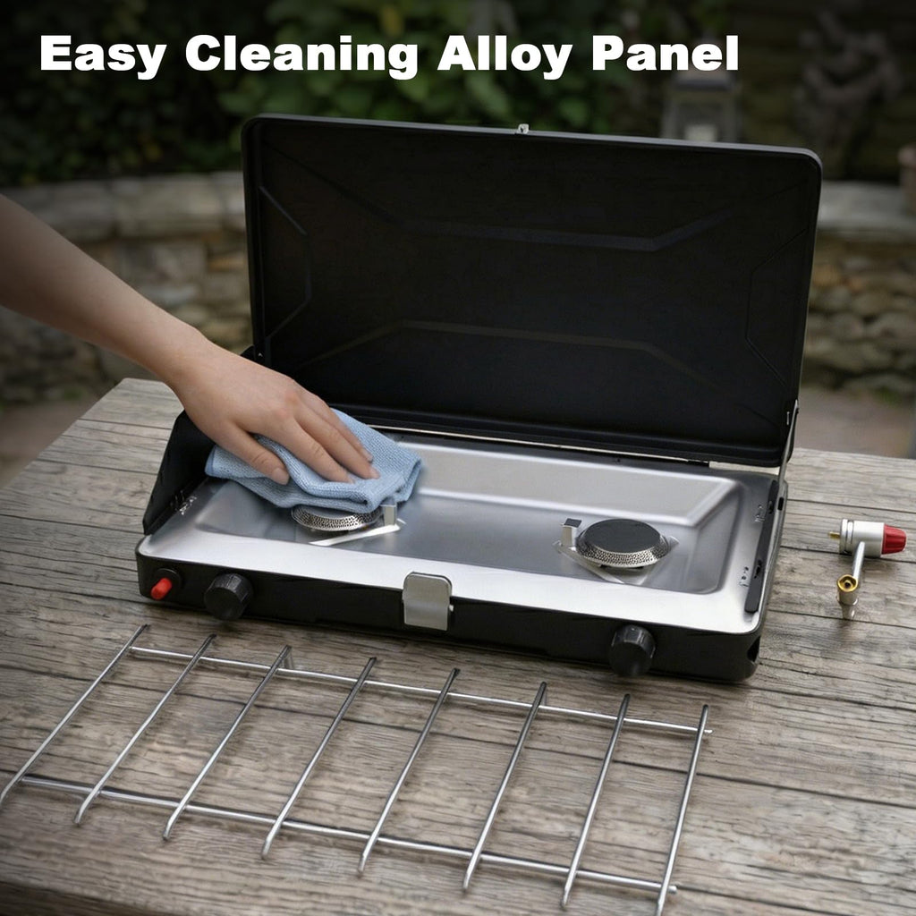 Portable 2 Burner Propane Camping Stove with Windscreen
