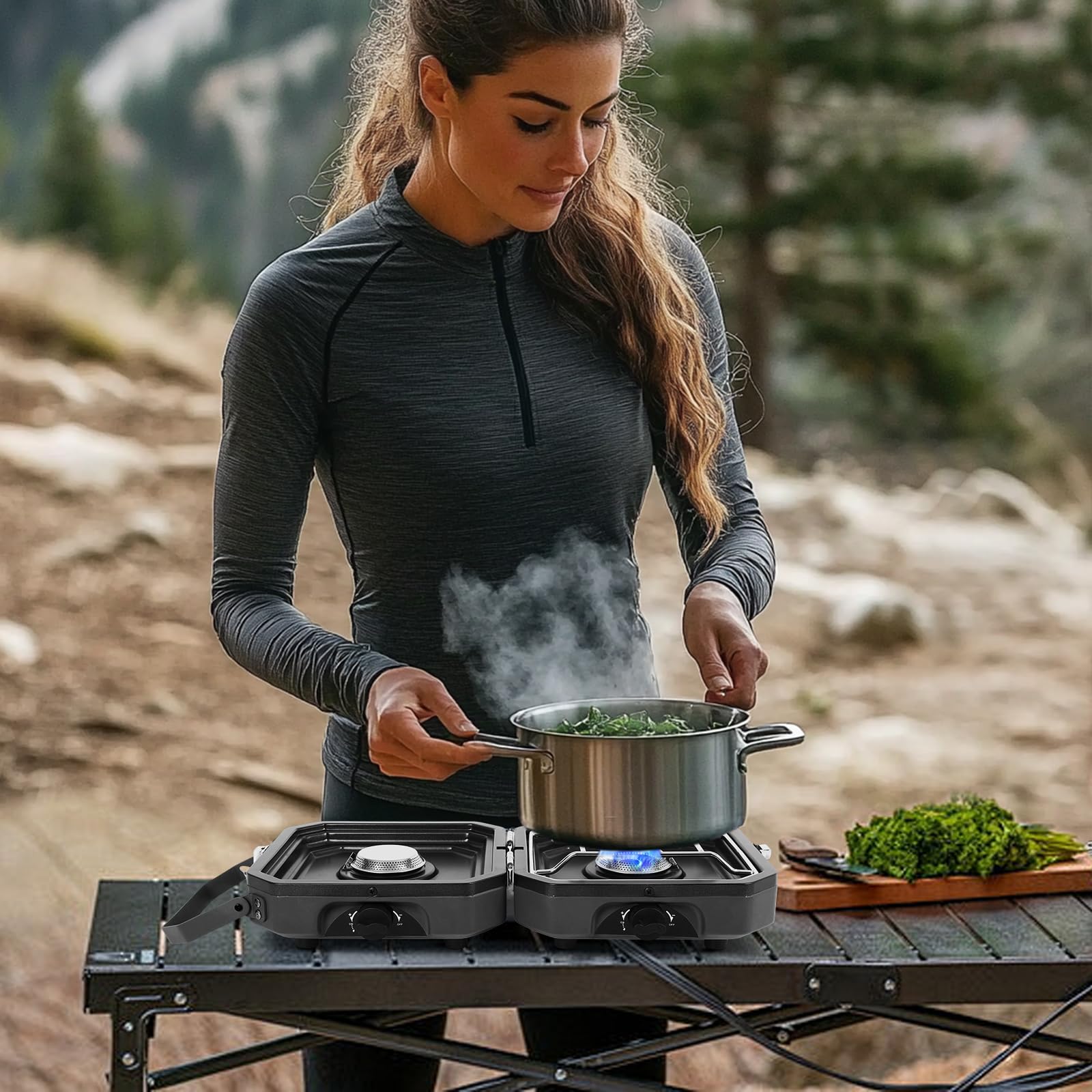 2 Burner Foldable Camping Stove with Griddle
