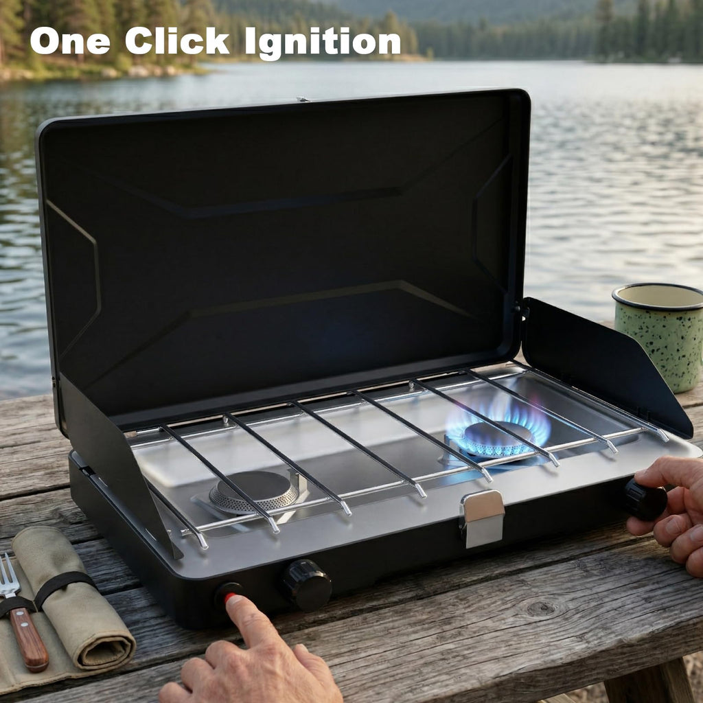 Portable 2 Burner Propane Camping Stove with Windscreen