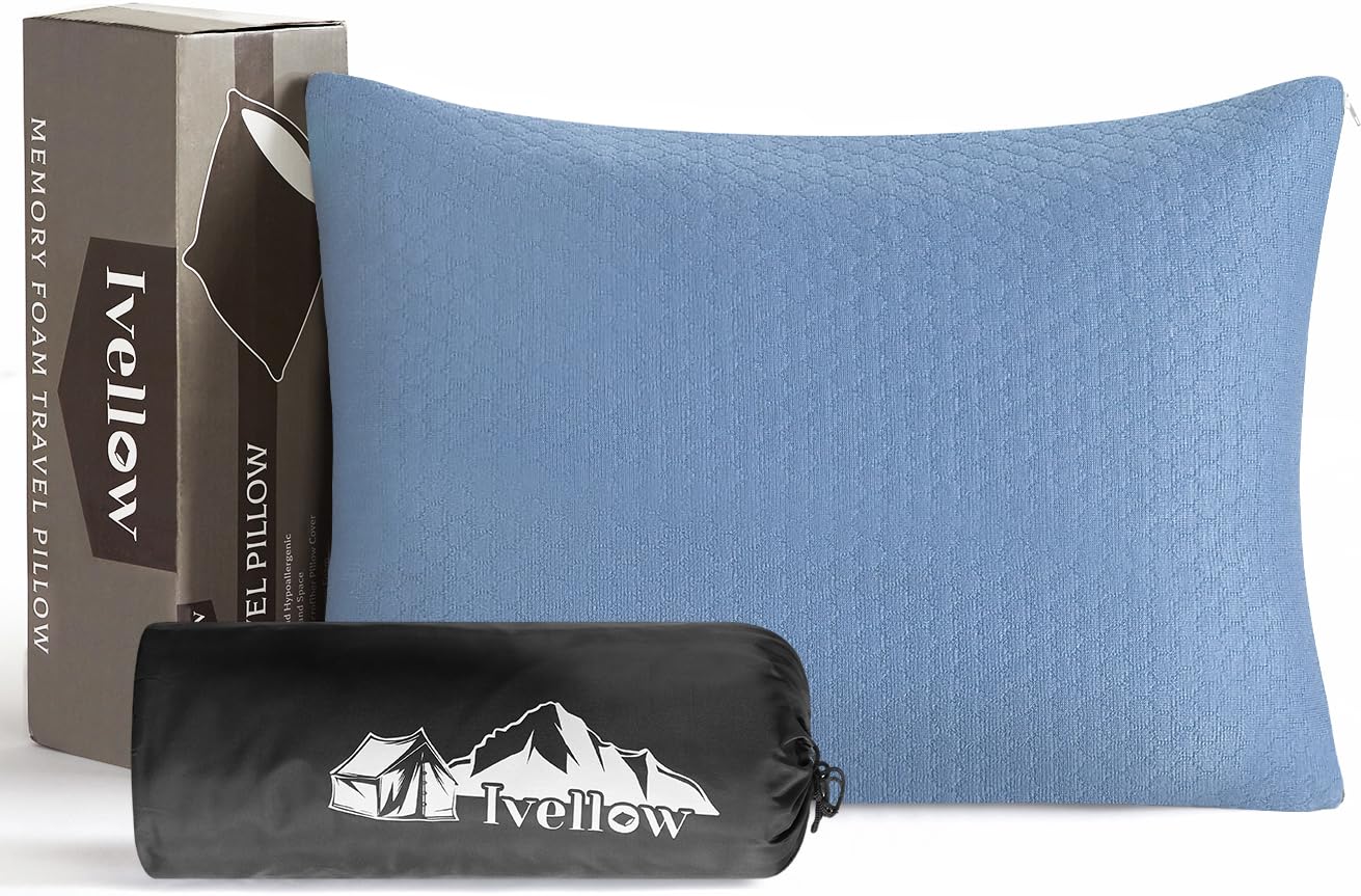Ivellow Memory Foam Travel Pillow Compressible Travel Pillow for Sleeping Shredded Memory Foam Pillow Compact Firm Supportive Small Pillow for Adults Kids
