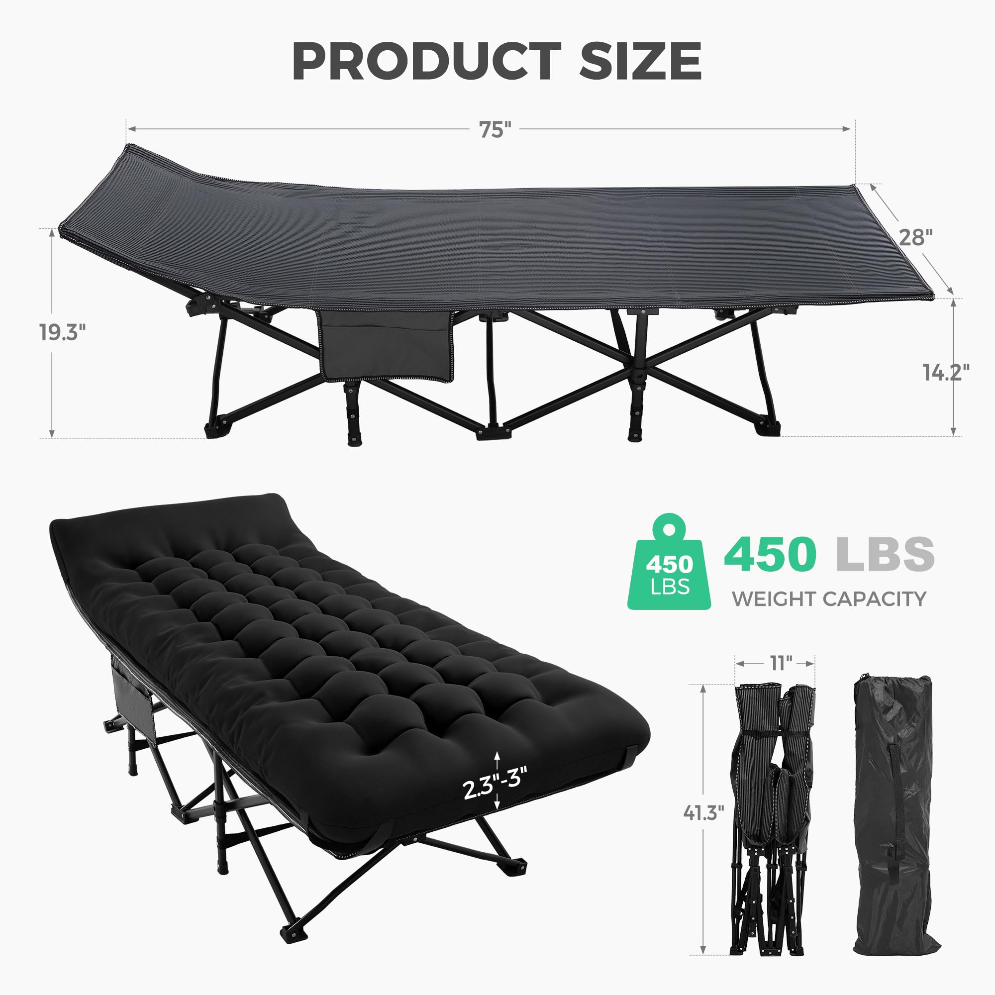 Extra Wide Portable Camping Cot with Mattress