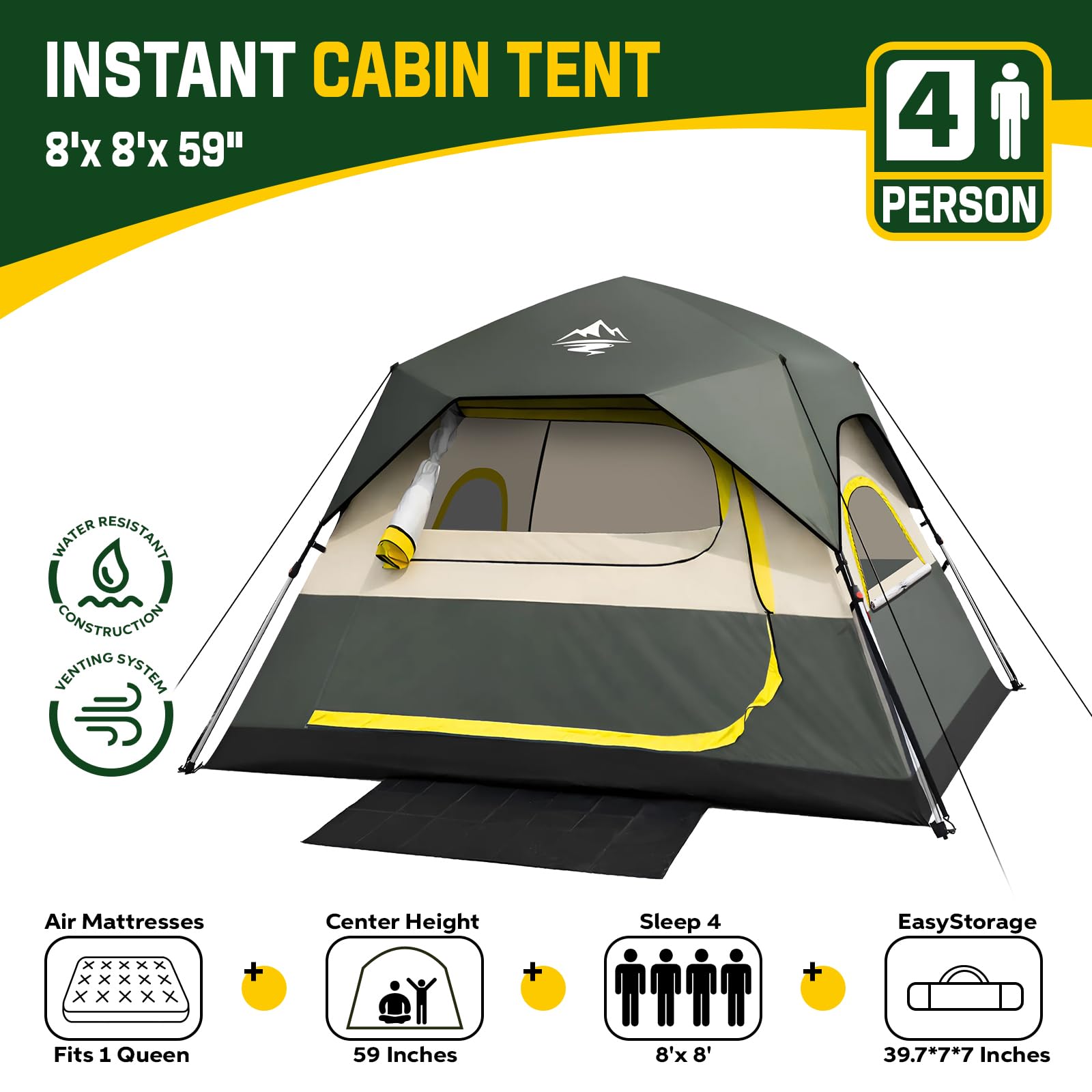 4 Person Instant Cabin Camping Tent with Rainfly