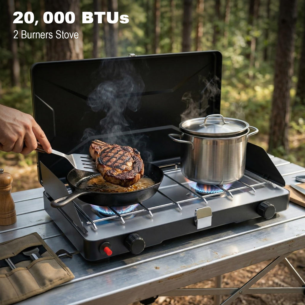 Portable 2 Burner Propane Camping Stove with Windscreen