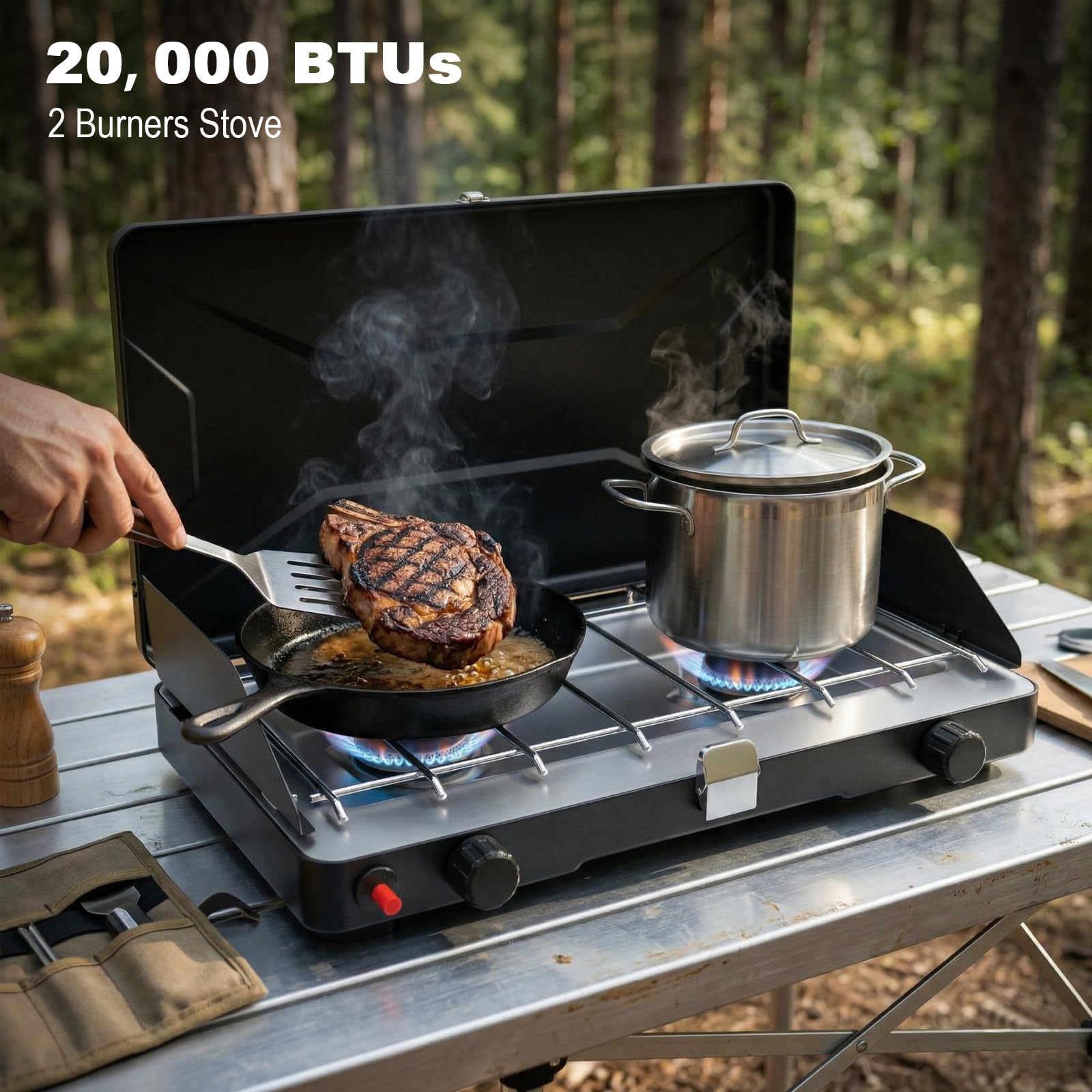 Portable 2 Burner Propane Camping Stove with Windscreen