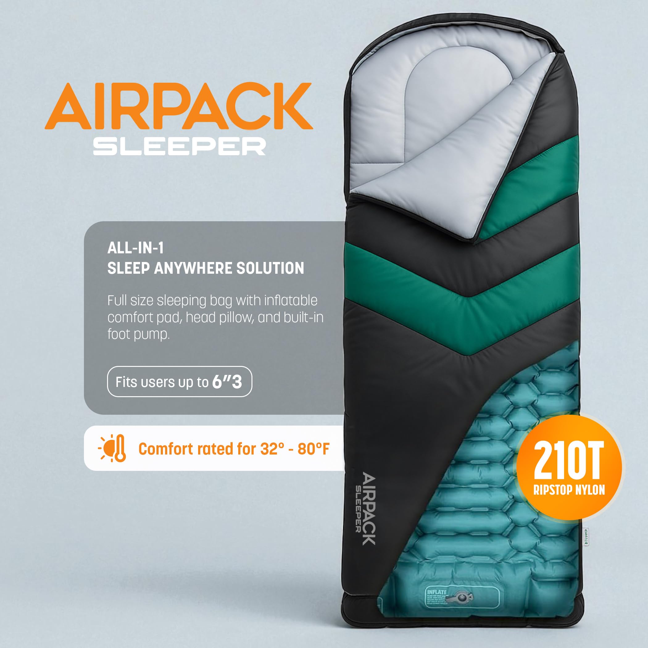 RANGLAND Sleeping Bag with Built-in Pad (AirPack Sleeper) - All-in-One Inflatable Sleeping Pad and Zip-Up Blanket for Camping with Built-in Foot Pump