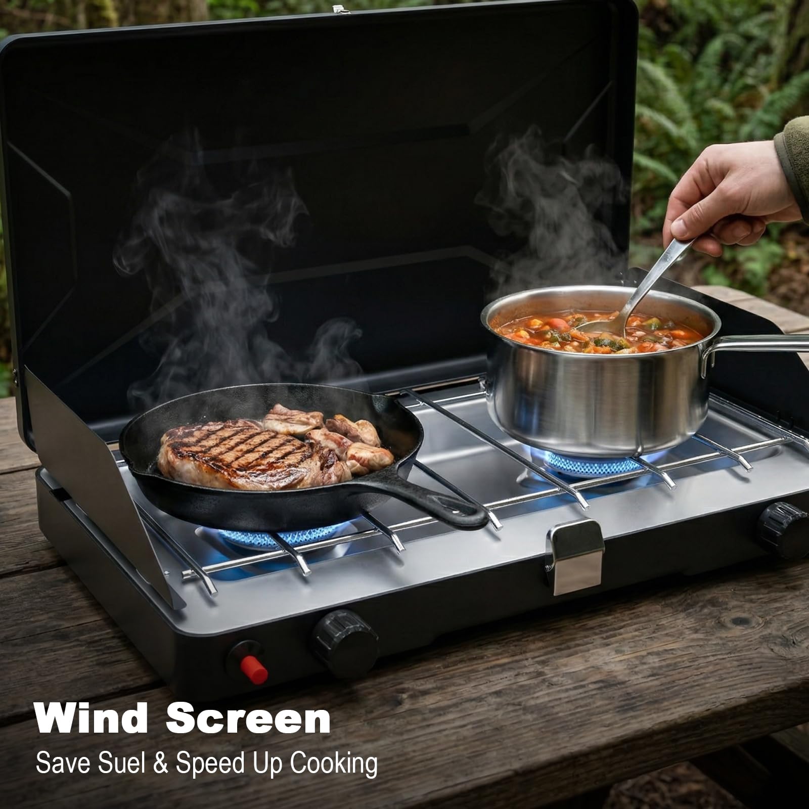 Portable 2 Burner Propane Camping Stove with Windscreen