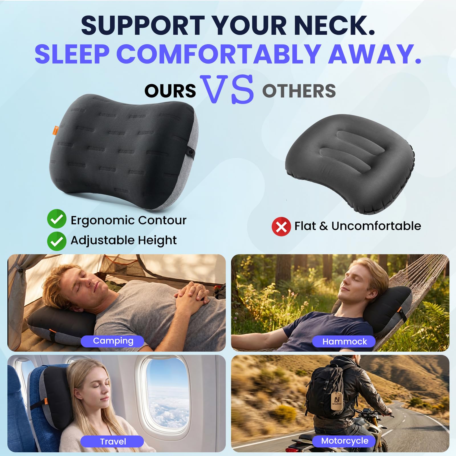 CAMPNREST Inflatable Camping Pillow - Ultralight Compact Air Pillow for Travel, Backpacking & Hiking - Ergonomic Neck & Lumbar Support