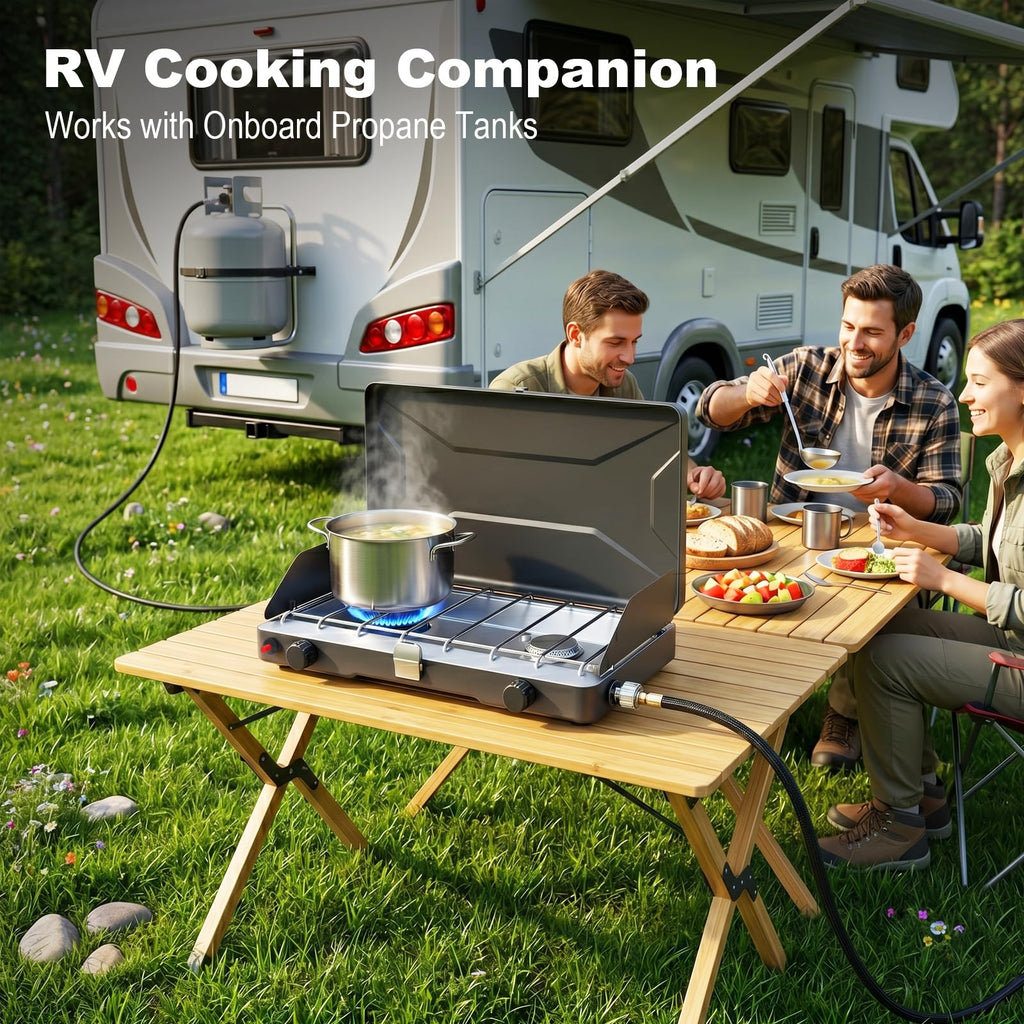 Portable 2 Burner Propane Camping Stove with Windscreen