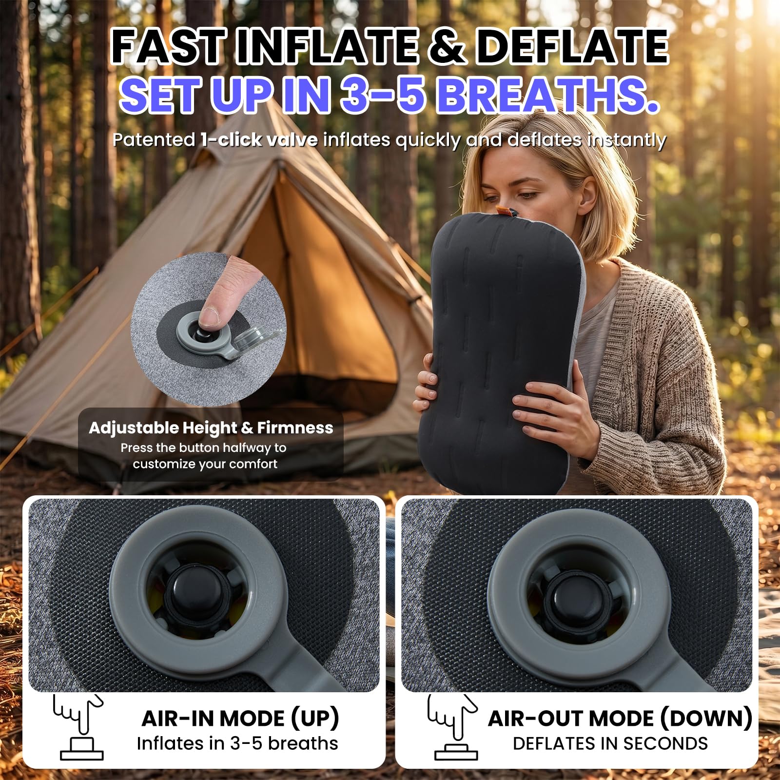 CAMPNREST Inflatable Camping Pillow - Ultralight Compact Air Pillow for Travel, Backpacking & Hiking - Ergonomic Neck & Lumbar Support
