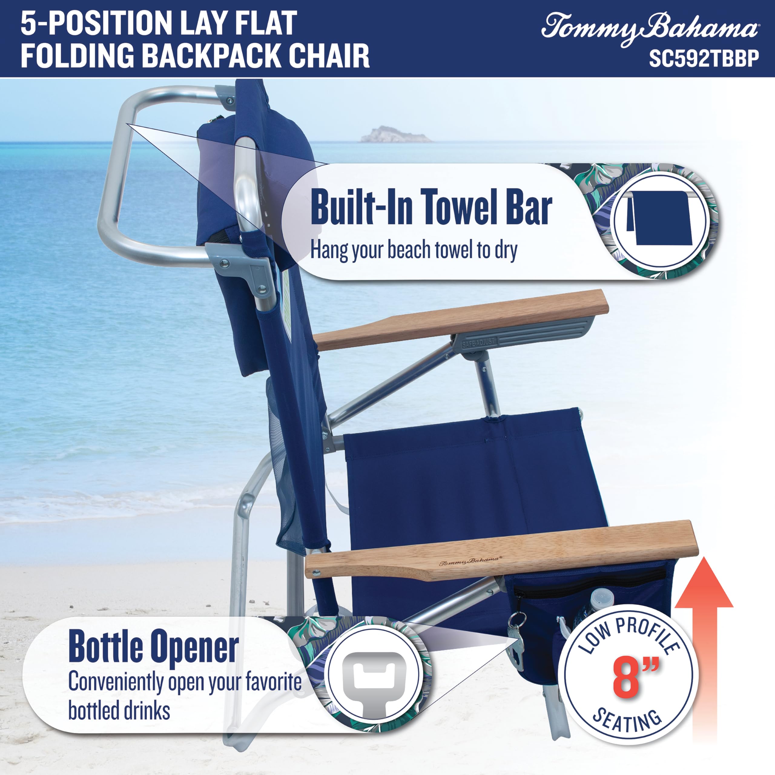 Tommy Bahama 5-Position Classic Lay Flat Backpack Beach Chair with Cooler and Cup Holder, Portable Folding Beach Chair for Tanning